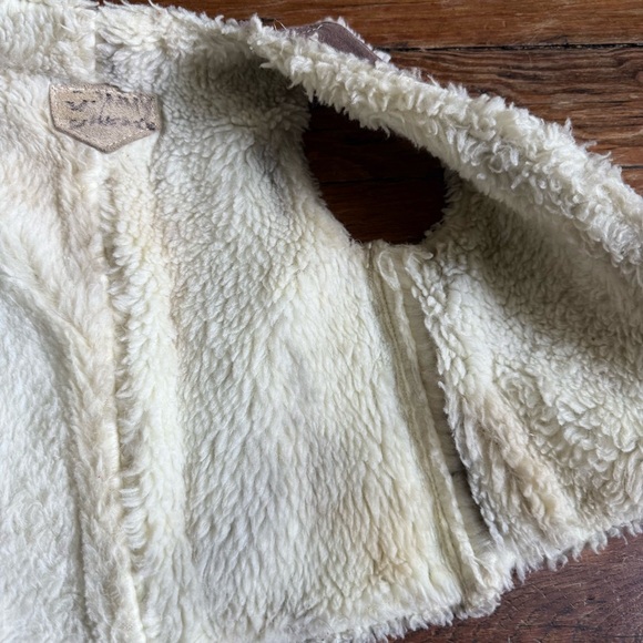 Vintage 70s Leather Patchwork Kids Fleece Lined Vest in Brown and Tan - Picture 8 of 8